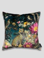 A 60x60 cm decorative scatter cushion featuring a vivid wildlife and floral scene with a leopard surrounded by colorful birds and blooming flowers on a deep teal background. Includes a luxurious duck feather inner for premium comfort.