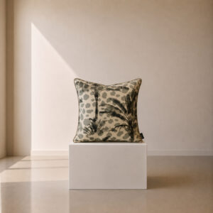 Decorative scatter cushion featuring a monochrome tropical palm print layered over a soft animal-inspired spot pattern in muted charcoal and stone tones.