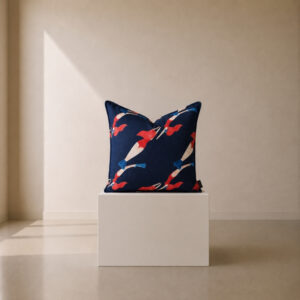 Deep Dive Scatter Cushion featuring an abstract print of swimmers in red, white, and blue against a deep navy background.