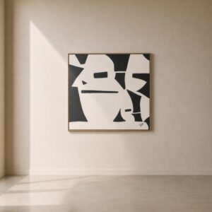 Abstract acrylic painting in black and white featuring bold geometric forms, presented in a solid oak frame.
