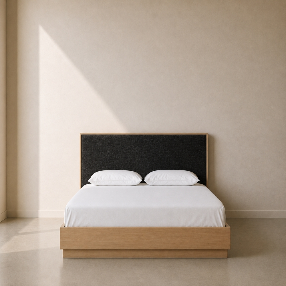 Arabella Headboard – custom upholstered headboard with oak veneer frame, available in Queen (1650 mm) and King (1950 mm) sizes, made to fit in your choice of premium fabric in South Africa.