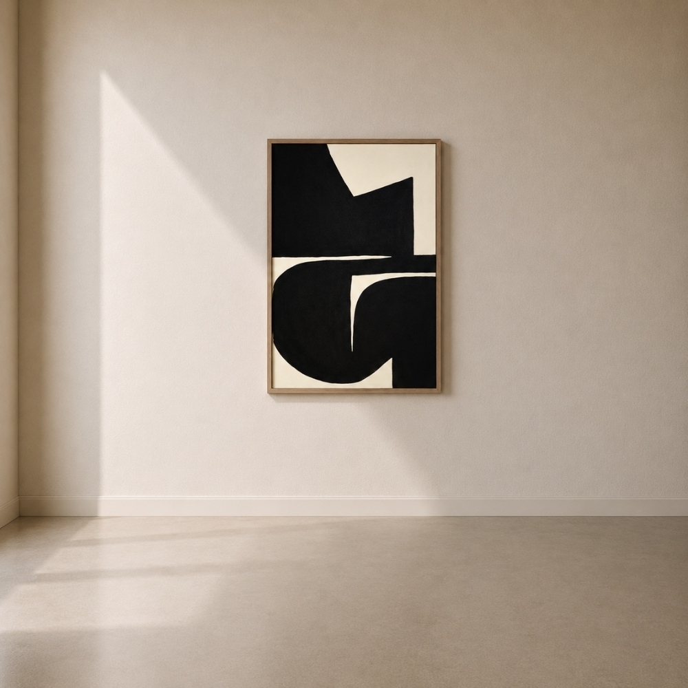 Abstract acrylic painting with bold black organic and geometric forms on a soft neutral background, framed in solid oak.