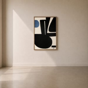 Abstract acrylic painting with bold black geometric forms and a soft blue accent on a neutral background, framed in solid oak.