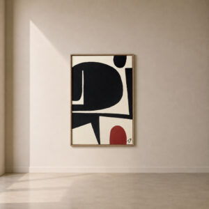 Abstract acrylic painting with bold black geometric forms and a muted terracotta accent, framed in solid oak.