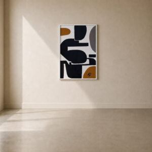 Abstract acrylic painting with bold black abstract forms, warm ochre accents, and a soft grey shape on a white background, framed in white.