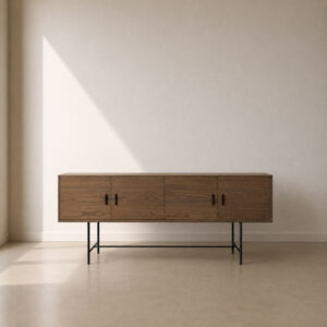 Barcelona Storage – custom sideboard with steel base and engineered timber, versatile as a sideboard or TV unit, made to fit in your choice of finish in South Africa