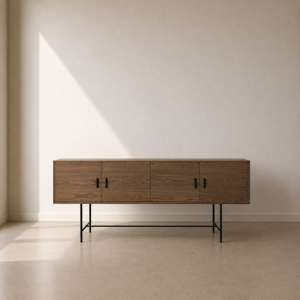 Barcelona Storage – custom sideboard with steel base and engineered timber, versatile as a sideboard or TV unit, made to fit in your choice of finish in South Africa