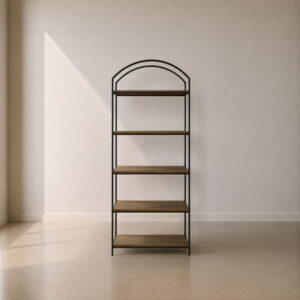Brooklyn Bookcase – custom open bookcase with sturdy steel base, soft curves, and industrial styling, ready for any home or office space, made to fit in your choice of finish in South Africa