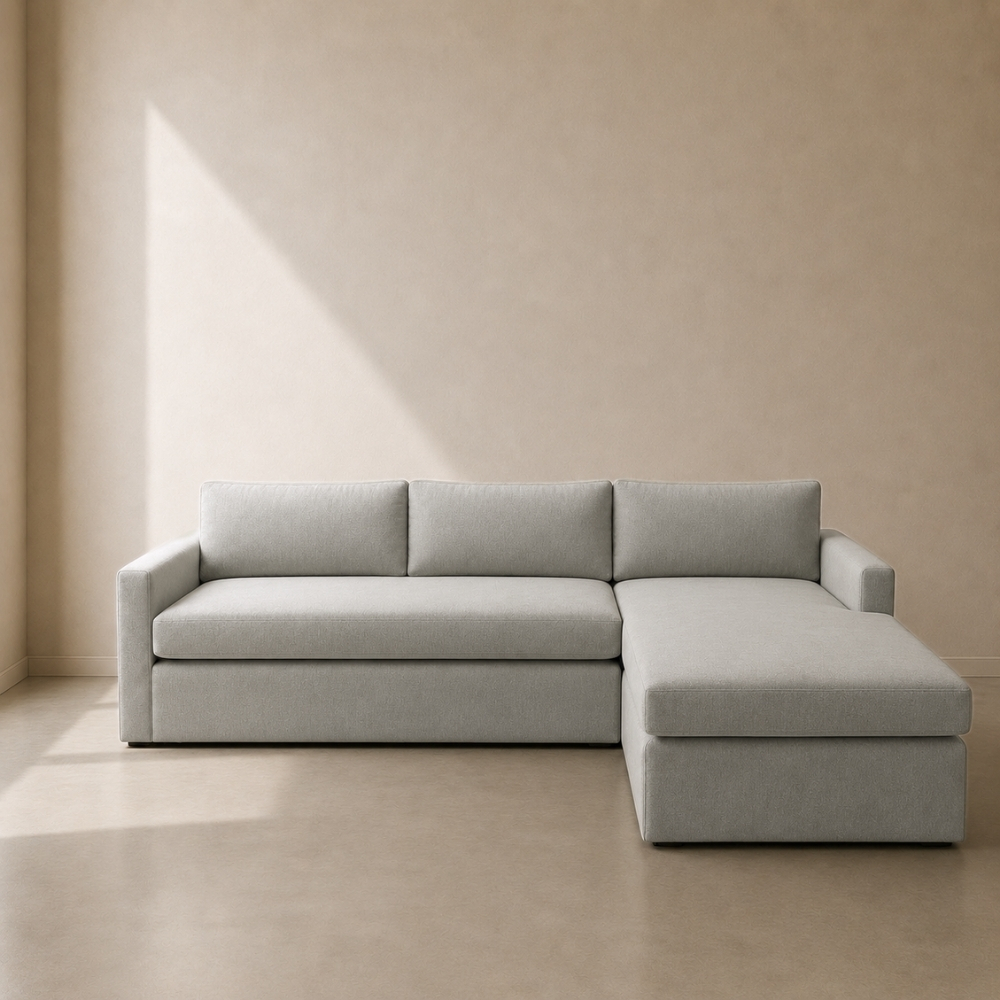 Chaumont L-Shaped Sofa – custom upholstered L-shaped sofa with daybed, clean-lined silhouette, made to fit in your choice of fabric in South Africa