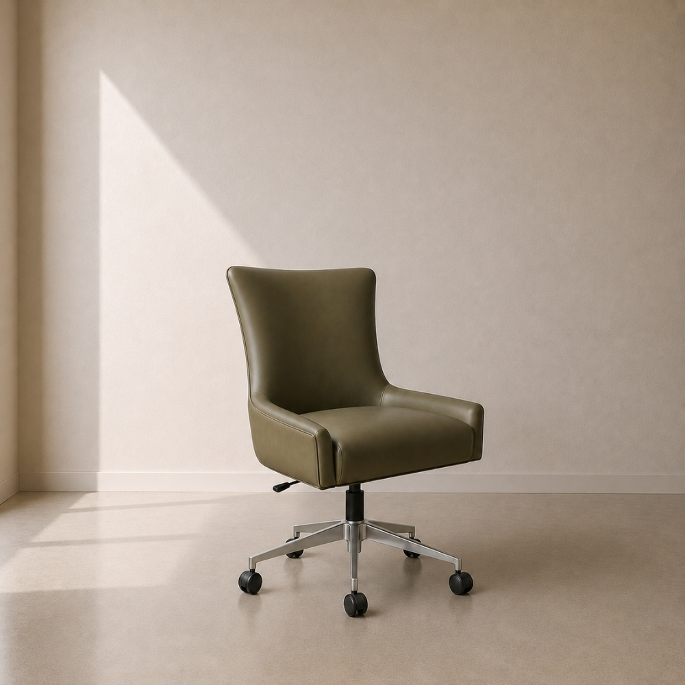 Contour Swivel Desk Chair featuring a modern high-back design and a five-star metal swivel base with castors.