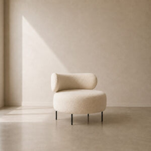 Dallas Occasional Chair – custom upholstered bold accent chair with curved back, large round seat, and 70s-inspired silhouette, made to fit in your choice of fabric in South Africa
