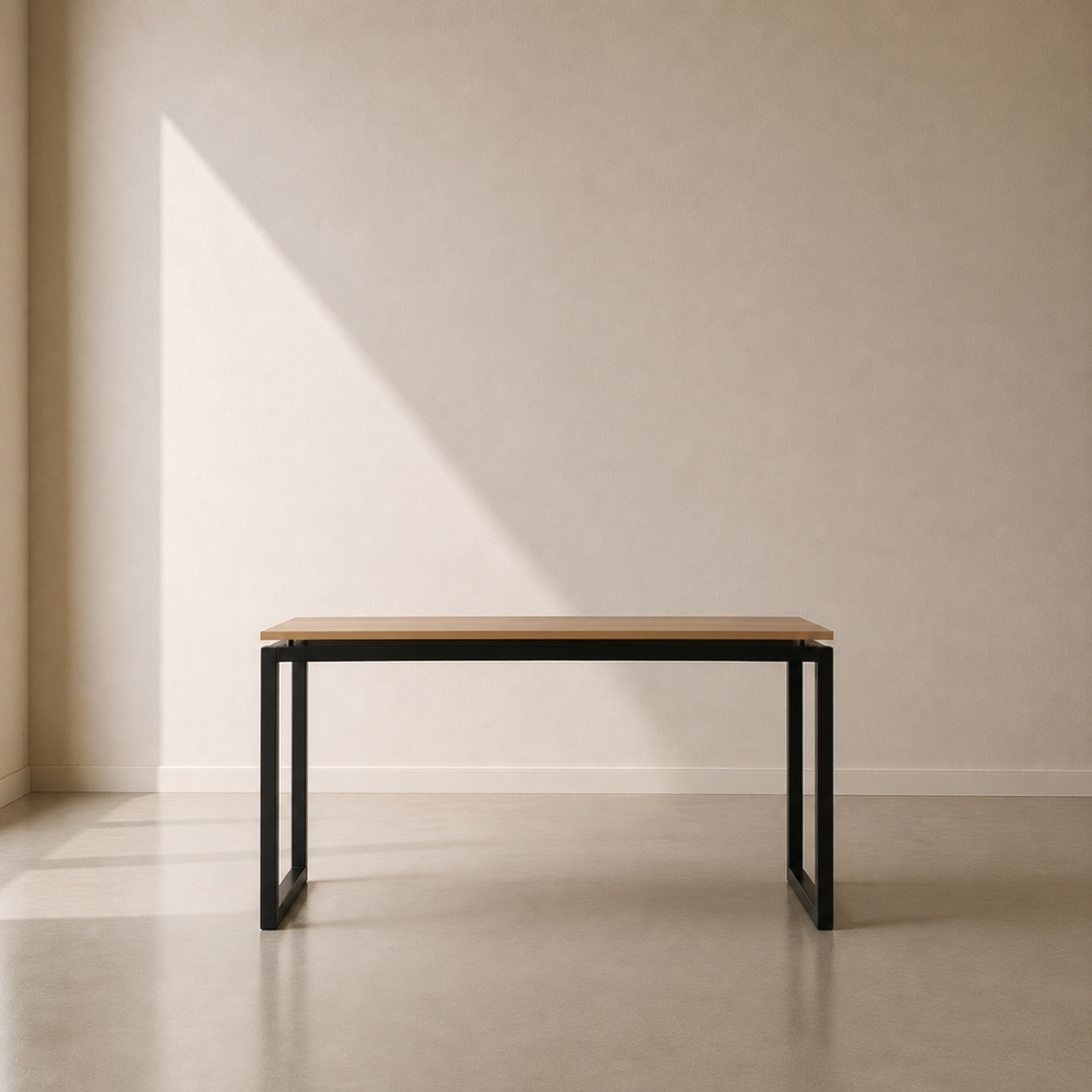 Industrial Return Desk with steel base and choice of oak veneer or laminate finish, perfect for multi-screen setups and creative workspaces, made to fit in your exact dimensions in South Africa