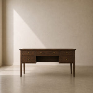 Kennedy Desk. Expertly crafted from solid oak and oak veneer, the Kennedy Desk features six spacious drawers, elegant tapered legs, and timeless craftsmanship. Designed for home offices, studios, and executive workspaces, each desk is made to order and can be customised to your preferred dimensions to suit your space. Proudly manufactured in South Africa.a