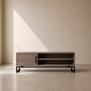 Manhattan TV Unit – sleek custom-made media console with industrial steel base, perfect for living rooms and entertainment spaces, made to fit in your choice of finish in South Africa