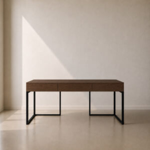 Me Work Station Desk with three drawers, customizable wood finish options, and a black steel frame, modern made-to-order office desk for home and commercial workspaces.