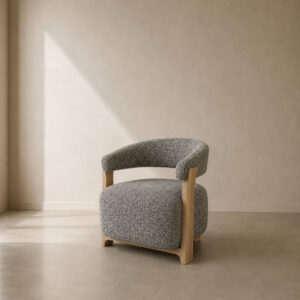 Nomad Occasional Chair – custom upholstered accent chair with 70s-inspired wood detailing, free-spirited design perfect for boho or coastal interiors, made to fit in your choice of fabric in South Africa