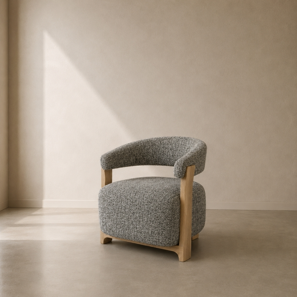 Nomad Occasional Chair – custom upholstered accent chair with 70s-inspired wood detailing, free-spirited design perfect for boho or coastal interiors, made to fit in your choice of fabric in South Africa