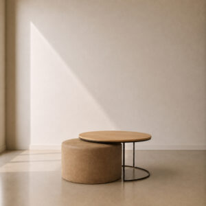 Orbit Coffee Table & Ottoman Set – custom round coffee table with steel base and upholstered ottoman, perfect for modern living rooms, made to fit in your choice of finish in South Africa