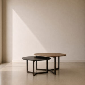 Precinct Nesting Coffee Tables – custom nesting coffee tables with sleek steel bases, space-saving and versatile, made to fit in your choice of finish in South Africa