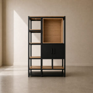 Tokyo Bookcase Cabinet – contemporary open shelving bookcase cabinet with warm timber shelves and sleek black metal frame, perfect for living rooms, home offices, and commercial spaces, made to fit in your choice of finish in South Africa