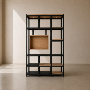 Tokyo Bookcase TV Unit – contemporary open shelving TV unit with integrated floating timber TV panel, warm timber shelves, black steel frame, and LED downlights, perfect for living rooms and office spaces, made to fit in your choice of finish in South Africa