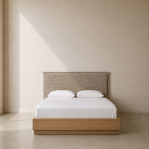 Westcliff Headboard – custom wall-mounted upholstered headboard with a refined Oxford seam, available in Double (1450 mm) and Queen (1650 mm) sizes, made to order in your choice of premium fabric in South Africa.